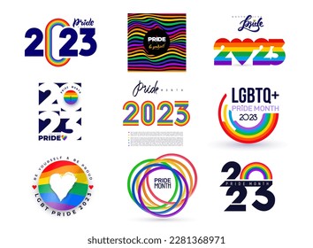 Set of greeting logo for LGBTQIA Pride 2023 Month. Social media post with groovy queer slogans and phrase. Template LGBT rainbow flag colors, love word in heart shape and Gay Pride Loading bar. Vector