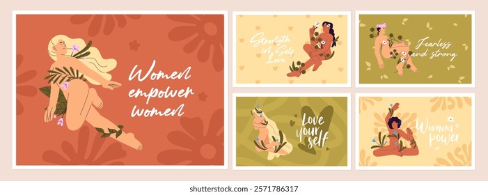 Set of greeting postcard designs with sensual naked women. Cards with wrapped with flowers, leaves nude girls. Self care, love and acceptance, natural beauty concept. Flat vector illustrations