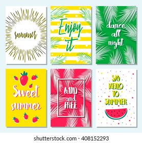 Set of greeting summer card with sunburst, watermelon, palm leaf, strawberry, stripe, dots. Hello summer, enjoy it, fresh summer, good vibe. Template for card, blog, flyer, invitation, poster. Summer.