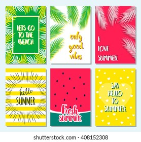 Set of greeting summer card with sunburst, watermelon, palm leaf, strawberry, stripe, dots. Hello summer, enjoy it, fresh summer, good vibe. Template for card, blog, flyer, invitation, poster. Summer.