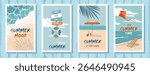 A set of Greeting summer cards with beach scenes - umbrella, Signpost, sea wave, kite, seaside. A set of marine cards on a pattern of weathered wooden planks. Hand draw no ai. Illustrated clipart. 