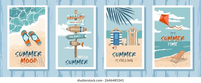A set of Greeting summer cards with beach scenes - cabins, a road sign, a kite, a coastal landscape. A set of marine postcards on a pattern of weathered wooden planks. Hand draw no ai. 