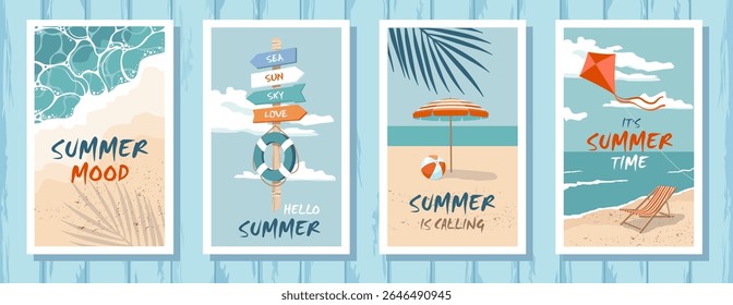 A set of Greeting summer cards with beach scenes - umbrella, Signpost, sea wave, kite, seaside. A set of marine cards on a pattern of weathered wooden planks. Hand draw no ai. Illustrated clipart. 
