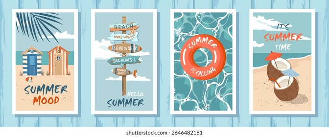 A set of Greeting summer cards with seascapes, beach houses, a road sign, a sea surface. A set of marine postcards on a pattern of weathered wooden planks. Hand draw no ai. Illustrated vector clipart.