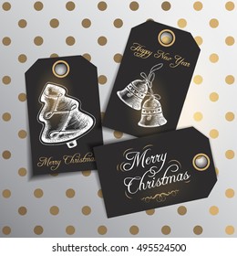 Set of greeting tags with Christmas symbols. Golden, black and white. Sketch. Vector design. Happy New Year