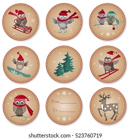 Set of greeting two-sided labels with cute owls, deer, and fir tree. Vector illustration.
