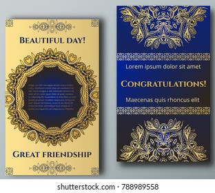 Set greeting vector cards on decorative background . pattern, brochure, gift certificate, party invitation, congratulation