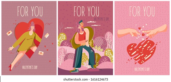 Set of greeting vector cards with Valentine's day with cute young trendy people. Hand-drawn style with a modern girl in love.