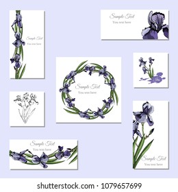 Set greeting and visit card. Hand drawn colored  sketch with wreath of iris flowers and  bouquet.