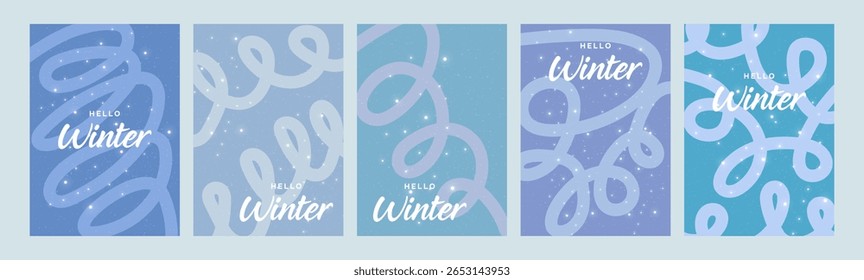 Set of greeting winter backgrounds with abstract patterns and snowflakes. Seasonal message for social media and graphic design. Vector.