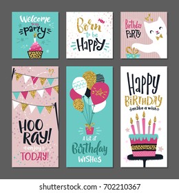 Set of greetings cards. Invitation for birthday party. Vector design template with hand writings words. Invitation typography birthday celebration illustration