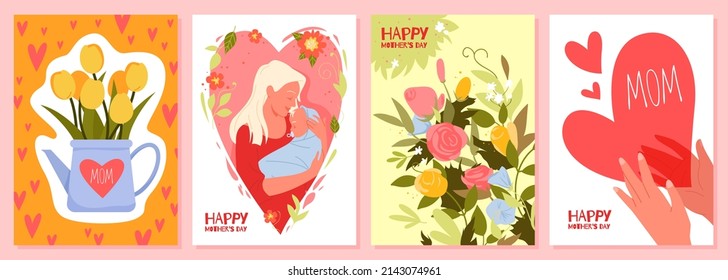 Set of greetings cards for mothers day. Celebrating happy international women day, thankful and warm mom wishes, spring holiday with flowers bouquets cartoon vector illustration