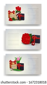 eine Reihe von Grüßen und Einladungen, um die verschiedenen Feiertage und Ereignisse in Ihrem Leben mit roten Rosen und Geschenken zu markieren