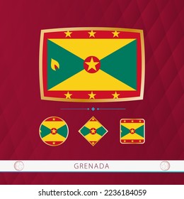 Set of Grenada flags with gold frame for use at sporting events on a burgundy abstract background. Vector collection of flags.