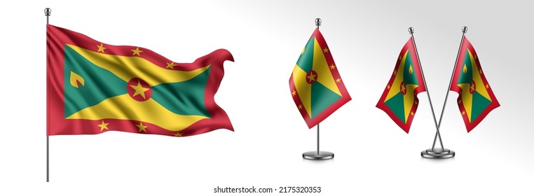 Set of Grenada waving flag on isolated background vector illustration. 3 Grenadian wavy realistic flag as a patriotic symbol