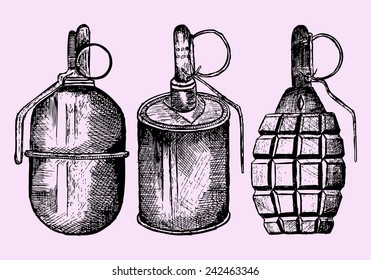 set of the grenade,  hand drawn, sketch illustration