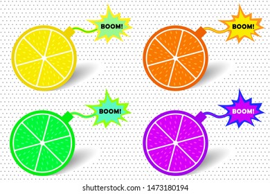 Set of grenades made from citrus lemon, orange, lime in comic or cartoon style, concept of explosion of vitamins with text boom
