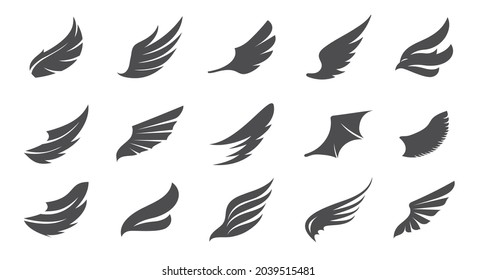 Set Grey Angel Wings. Vector Illustration and outline Icons. Symbol of freedom.