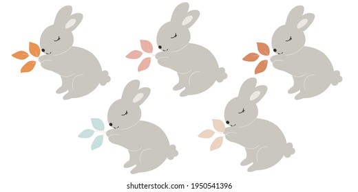 Set with Grey Baby Bunnies holds leaves in its paws. Little Rabbit. Cute Easter Animal. Hares Vector Kids Illustration isolated on background. Design for card, print, book, kids story	