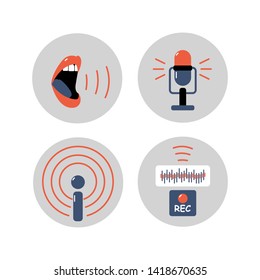 Set of grey badges with podcast symbols. Speaking mouth, microphone, voice wave, podcast, record. Flat style. - Vector