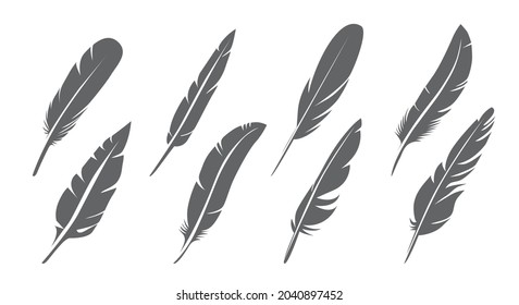 Set of Grey bird feather. Vector Illustration and outline Icons. Symbol of freedom.