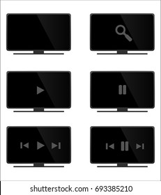 Set of grey, black and white televisions, tv, modern and realistic with playback options, films, movies and music