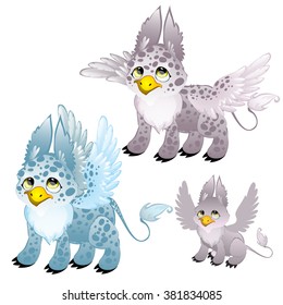 Set of grey and blue spotted griffins. Vector illustration.