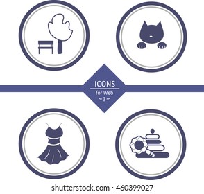 Set of grey and blue vector icons. Part 3. Bench and tree (rest), cat (animal), dress (women's clothing), toys (for children). For web sites. Trendy flat design.
