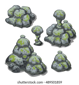 A set of grey boulders, covered with silt, isolated on white background. Vector illustration.
