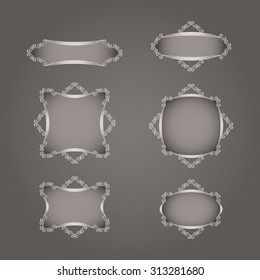 set of grey brown color hand drawn vignettes on the dark grey brown gradient background