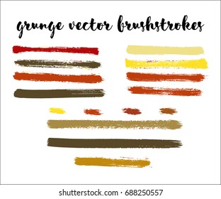 Set of grey, brown, green vector brush strokes, hand painted ink lines. Textured rough acrylic stickers, grungy stains or shapes. Abstract vector watercolor splatter, modern drawing, freehand smears.