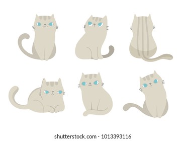 Set of grey cats in different poses, isolated on white background. Vector illustration character design in doodle style.