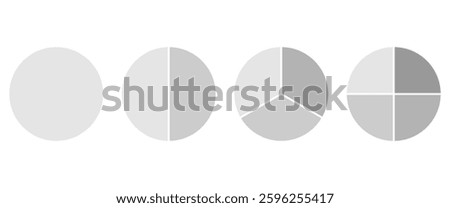 Set of grey circle and a part of circle. Circles divided in part from 1 to 4. Mathematics fraction. Vector Illustration.