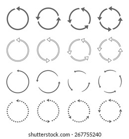 Set of grey circle vector arrows. Round motion arrow symbol of recycling continuity and circulation. Vector selected icons on a white background.