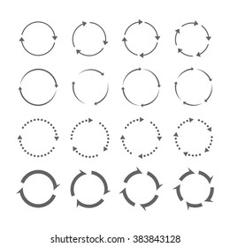 Set of grey circle vector arrows. Round motion arrow symbol of recycling continuity and circulation. Vector selected icons on a white background.
