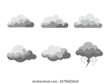 Conjunto de iconos de nubes grises que representan varias condiciones de Clima, desde claro a tormentoso con lluvia y rayos, para pronósticos y Diseños climáticos.