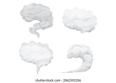 Set Grey cloud, smoke or fog in cartoon style isolated on white background. Weather element, fluffy bubble.