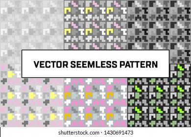 Set of grey color abstract geometric vector seamless pattern. Textures for textile, fabric, web design. Minimalistic backgrounds with pixel elements.