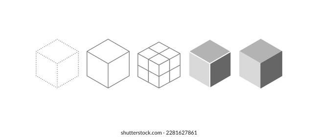 Set of grey cubes. Set of 3d cube symbols on white background. Vector Illustration.  