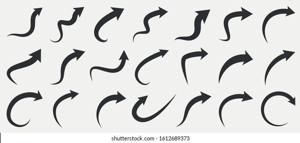 Set of grey curved arrows isolated on white background. Vector illustration.