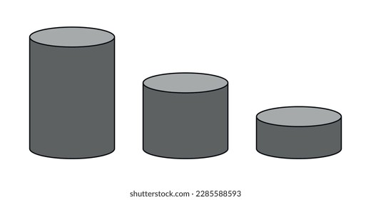 Set of grey cylinder 3D shape in mathematics. Vector illustration isolated on white background.