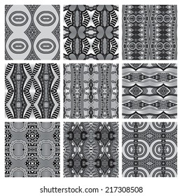 set of grey different seamless vintage geometric pattern, texture for wallpaper, web page background, fabric and wrapping paper design, black and white collection
