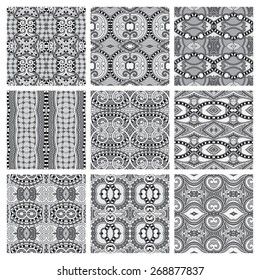 set of grey different seamless vintage geometric pattern, texture for wallpaper, web page background, fabric and wrapping paper design, black and white
