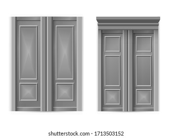 Set of grey doors isolated on a white background. 3D illustration / 3D rendering - two doors concept. Grey classic closed door isolated on white background. Wooden door set for interior design