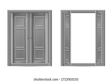 Set of grey doors isolated on a white background. 3D illustration / 3D rendering - two doors concept. Grey classic closed door isolated on white background. Wooden door set for interior design