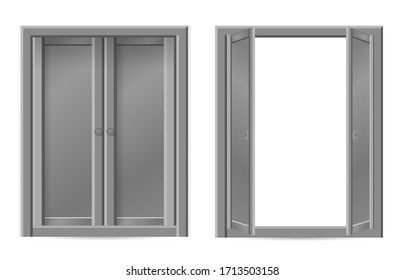 Set of grey doors isolated on a white background. 3D illustration / 3D rendering - two doors concept. Grey classic closed door isolated on white background. Wooden door set for interior design