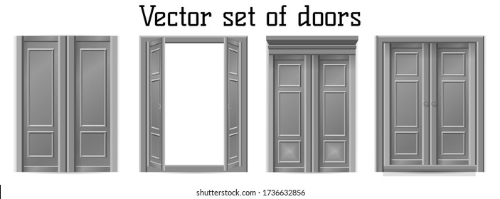 Set of grey doors isolated on a white background. 3D illustration / 3D rendering. Vector set of doors. Grey classic opened closed door isolated on white background. Wooden door set for interior design