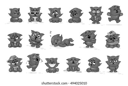 Set  grey drawing on a white background. Stock Illustrations isolated Emoji character cartoon black cat stickers emoticons with emotions for site, infographics, animation. Vector. Image