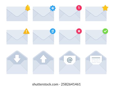 Set of grey email and message envelope icons with notification and status symbol. Digital communication, e-mail client, inbox management concept. Flat vector illustration isolated on white background