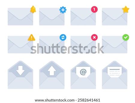 Set of grey email and message envelope icons with notification and status symbol. Digital communication, e-mail client, inbox management concept. Flat vector illustration isolated on white background